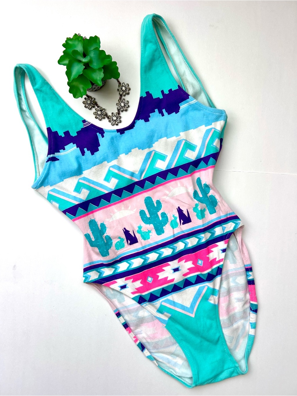 Vintage 1980s California Lifestyles Southwestern Cactus Leotard Bodysuit USA M